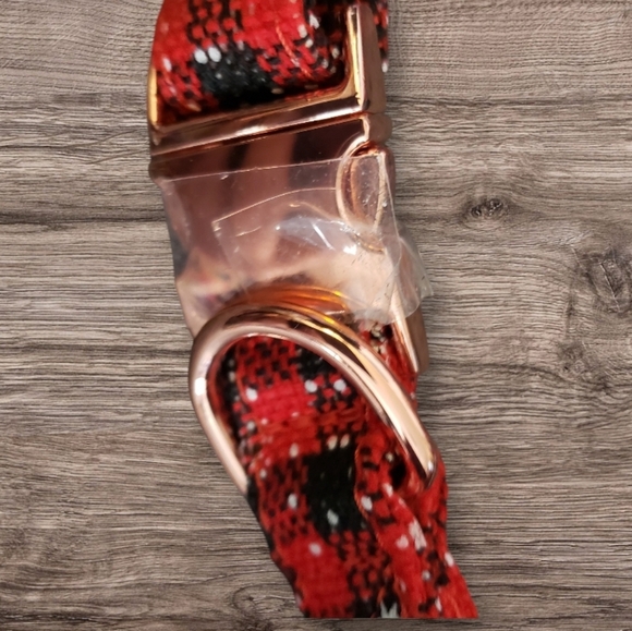 Christmas Plaid Dog Collar w/Rose Gold Buckles & Removable Bowtie w/Bell Size M - Picture 4 of 8